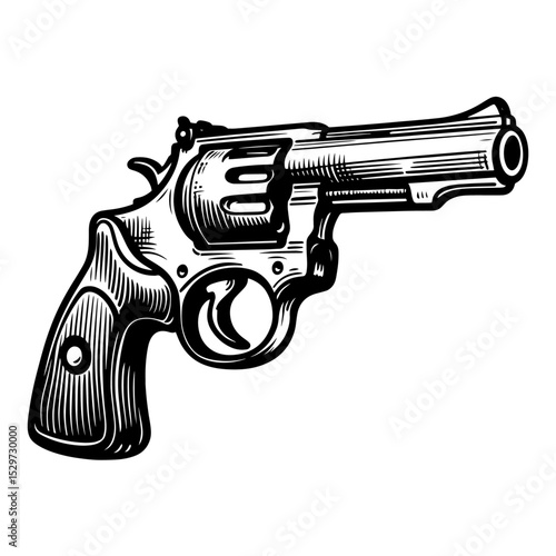vintage revolver handgun black and white vector drawing