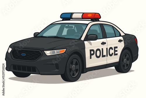 Police car patrol vehicle illustration. Concept of law enforcement, public safety, and justice. Emergency service automobile, cop sedan isolated on white. Vector graphic design element.
