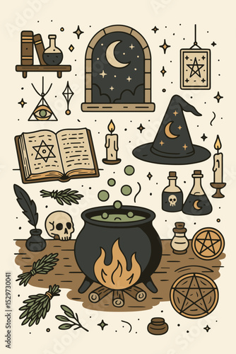 Witchcraft and magic vector set with cauldron, spellbook, potions, and wizard hat. Esoteric and occult alchemy symbols collection. Mystical sorcery illustration for Halloween.
