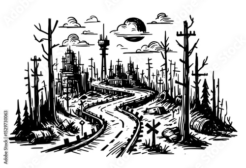 post-apocalyptic city landscape with road and dead trees in vector style