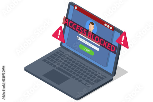 Isometric illustration of a laptop flashing Access Blocked, a red-flagged email, an unknown-call smartphone and credit card visualizing phishing threats and hacker fraud. Phishing attack