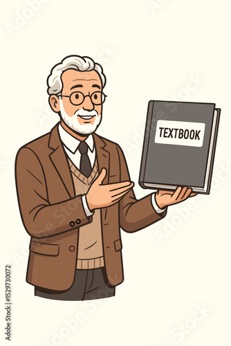 Wise professor character holding textbook. Senior teacher man presenting knowledge. Academic expert, lecturer for university, college education. Cartoon mascot vector illustration.