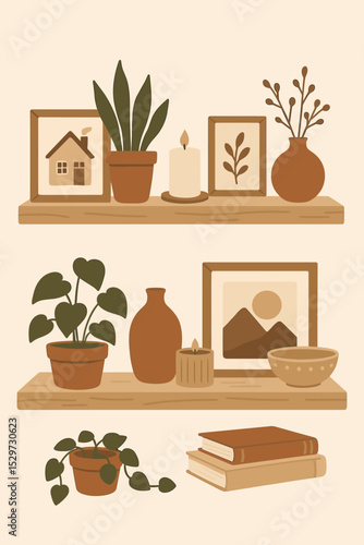 Cozy home interior with decorative items on wooden shelves. Vector illustration set with houseplants, candles, books, vases, and frames. Bohemian hygge style living room decor concept.
