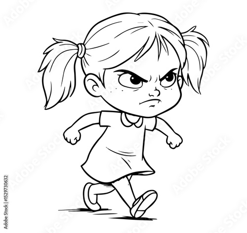angry little girl cartoon in dynamic outline style