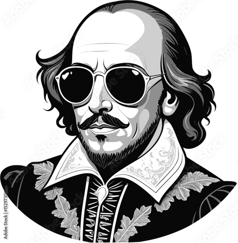 Cool William Shakespeare Vector Illustration – Rockstar Style Bust in Sunglasses , Black and White Retro Pop Culture Icon 