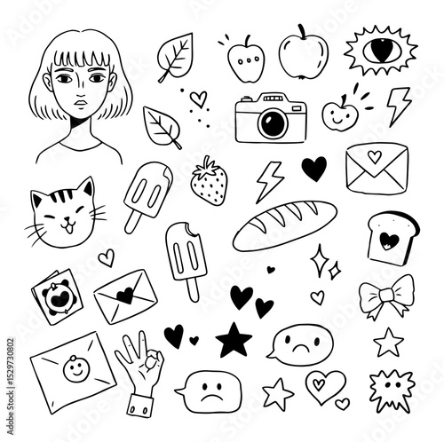 hand drawn doodle set of cute objects and symbols vector