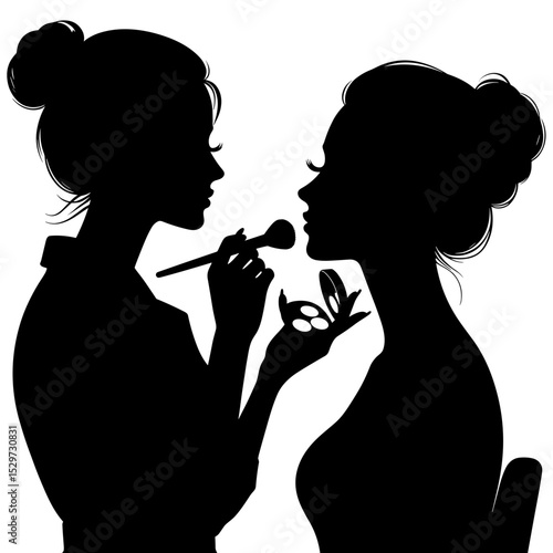 Makeup artist applying cosmetics to a client in silhouette style  