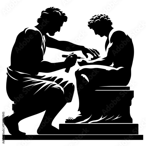 Sculptor working on marble statue in traditional art style  