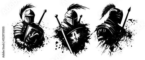 knights with swords and shields in dynamic ink silhouette style