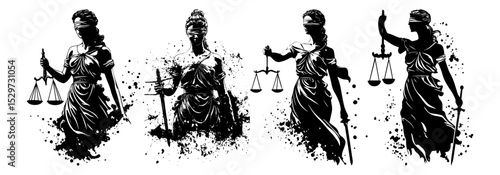 lady justice figures with scales in grunge ink vector style