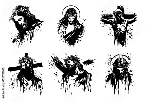 jesus christ crucifixion and portrait in expressive ink vector