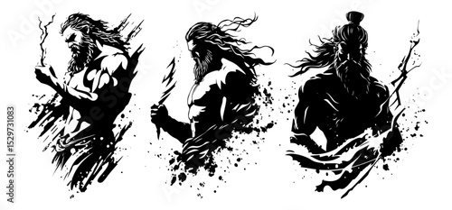 zeus god figures with lightning in dynamic ink silhouette vector