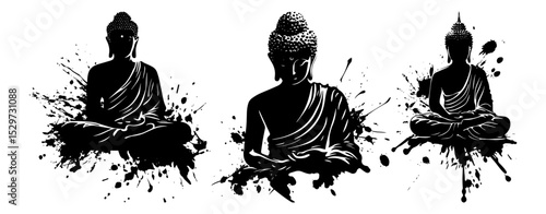buddha meditation figures in splatter ink silhouette vector