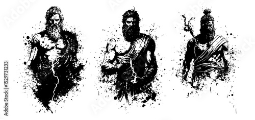 ancient gods with lightning in dynamic ink splatter vector