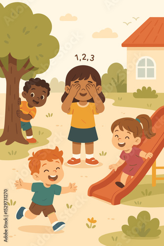 Happy diverse children playing hide and seek in a park. Girl counts with eyes covered while multicultural friends run and hide. Kids outdoor activity on a playground with a slide.