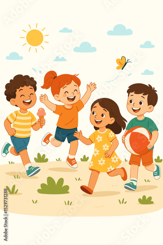 Happy diverse children playing outdoors in summer. Kids running in the park with a ball and ice cream. Cartoon vector illustration of childhood friendship and fun on a sunny day.