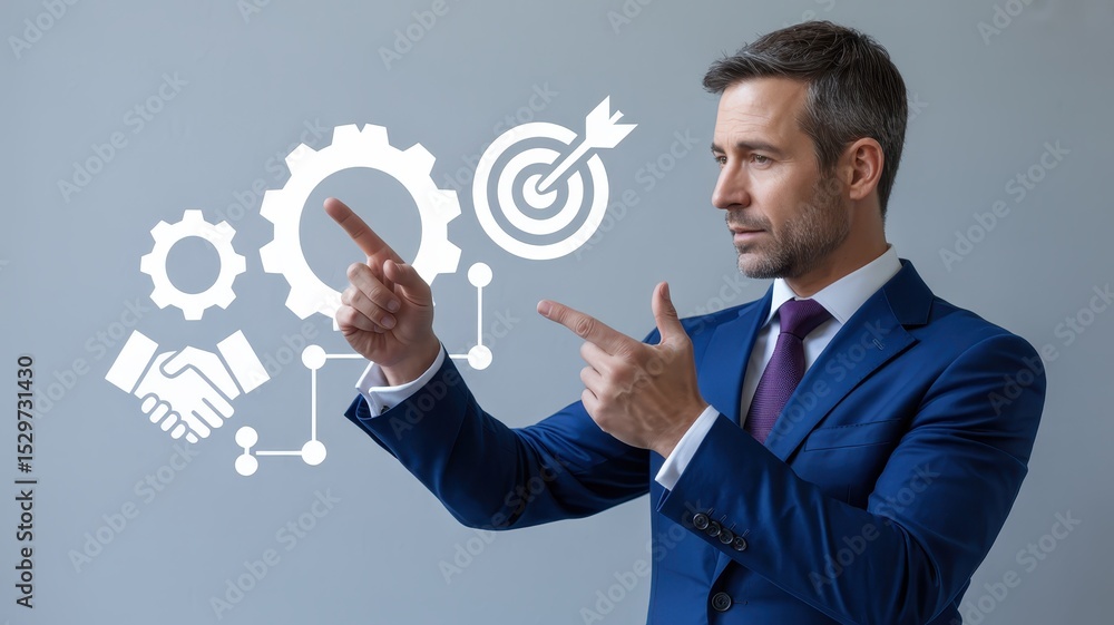 Businessman interacting with projected business strategy icons. Businessman interacting with projected business strategy icons.
