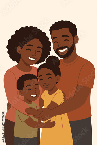 Happy African American family portrait. Mother, father, son and daughter hugging. Joyful Black family embrace. Parents and children together. Love, unity and togetherness concept.