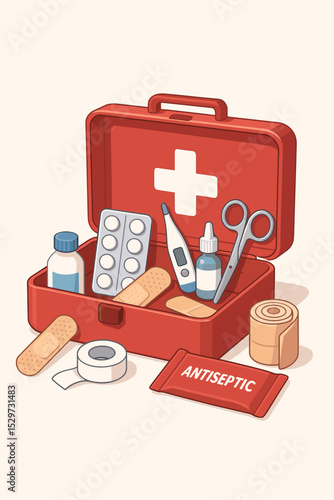Red first aid kit vector illustration. Open medical box with emergency supplies like pills, bandages, thermometer, and scissors. Healthcare and medicine concept for survival and treatment.