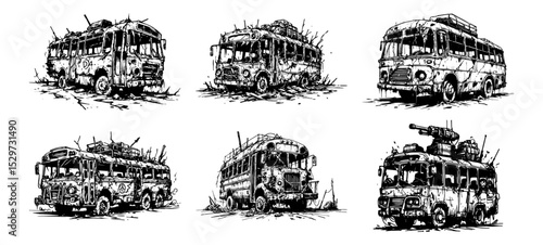 set of abandoned buses in postapocalyptic sketch vector