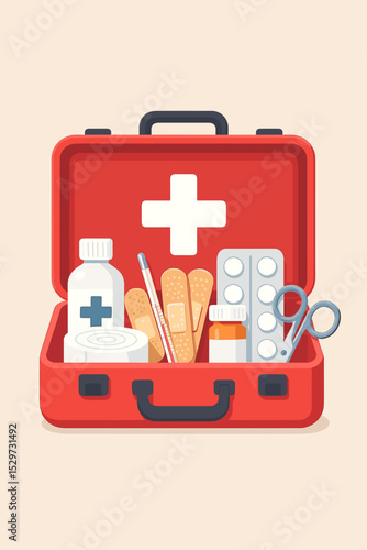 First aid kit vector illustration. Red medical box open with emergency supplies. Healthcare and medicine concept with bandage, pills, scissors, and thermometer for urgent treatment.