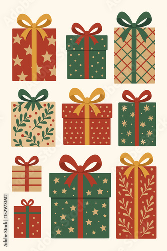 Christmas gift boxes set. Collection of festive presents with ribbon bows. Retro holiday wrapping paper patterns. Isolated vector illustrations for winter celebration design.