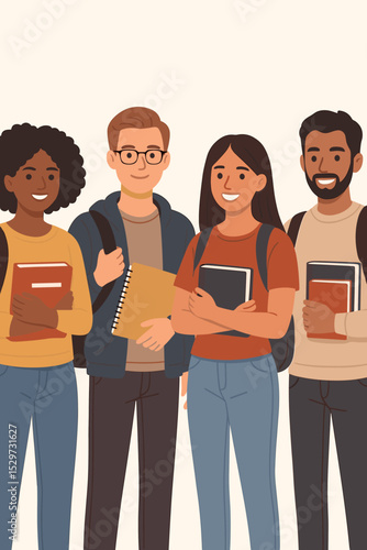 Happy multicultural university students standing together. Diverse group of young friends or classmates holding books and notebooks. Higher education, learning, and teamwork concept.