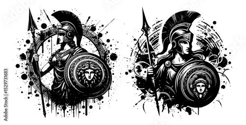 athena warrior goddess with spear and shield in grunge vector