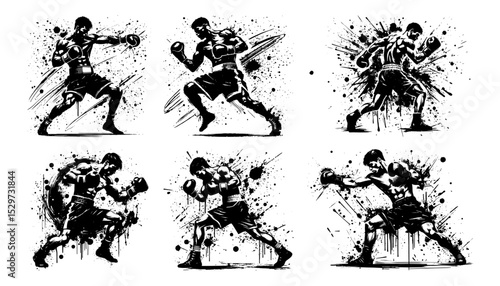 muay thai fighters in action poses with ink splatter vector