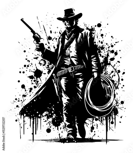 western cowboy with revolver and coat in ink splatter vector