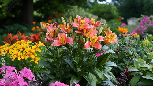 Wallpaper Mural Colorful garden scene featuring peach lilies with vibrant yellow and pink accents Torontodigital.ca