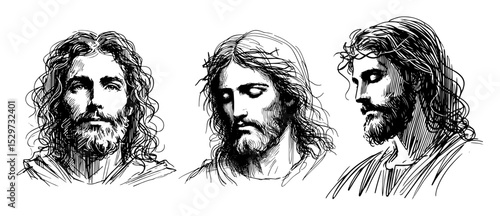 three sketches of jesus christ in pencil style portrait