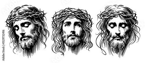 set of jesus faces with crown of thorns ink sketch style