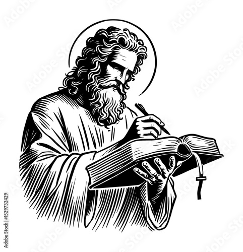 apostle writing gospel with halo and sacred book vector