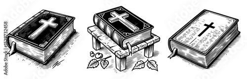 collection of bibles with crosses in religious vintage style