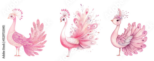 Set of fairy cartoon peacocks. Cute pink peacock with lush feathers watercolor. Concept of children's characters. Cute pink elements for children's girly designs. Baby pink birds.