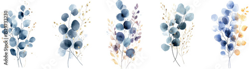 Set of watercolor blue and gold branches png. Elegant minimalist branches with blue leaves and gold watercolor additions. Elements for wedding designs, rustic designs, etc. Vector illustration.