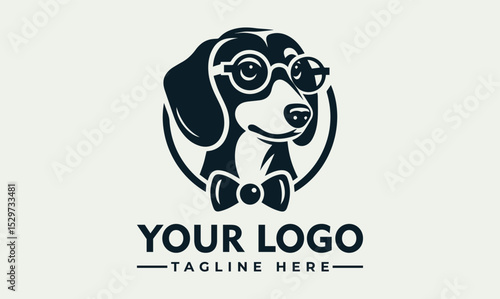 Stylized illustration of an intelligent dog head wearing large round glasses and a classic tie. Smart animal concept
