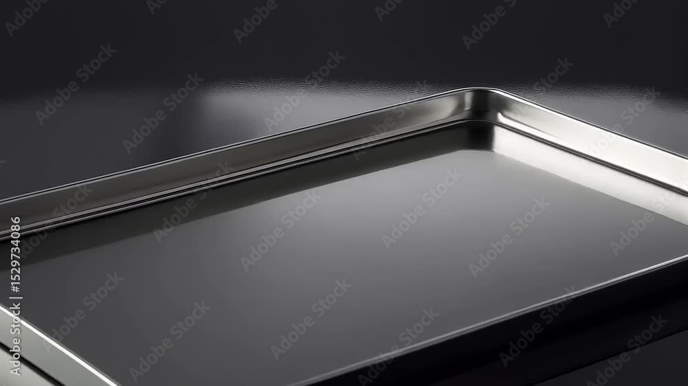 Stainless Steel Baking Tray, Empty, Product Photography on Dark Background Stainless Steel Baking Tray, Empty, Product Photography on Dark Background