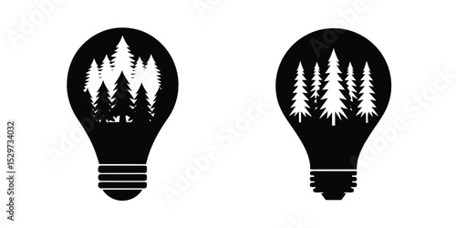 Light Bulb Silhouette with a Dense Forest of Trees Inside Isolated on White Background