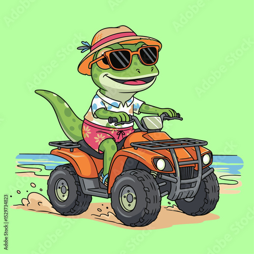 Colorful cheerful crocodile riding an all terrain vehicle enjoying outdoor adventure