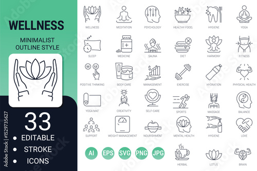 Wellness line icons – editable stroke fitness, nutrition, and healthy lifestyle vector set