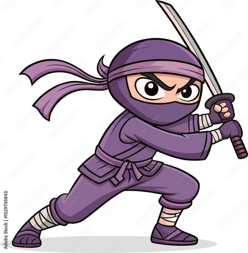 Naklejka premium Cute Purple Ninja Cartoon Vector in Attack Pose with Katana Sword