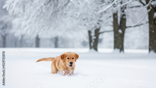 A golden retriever puppy playing in snow for the first time, snowflakes falling, snowy trees in background