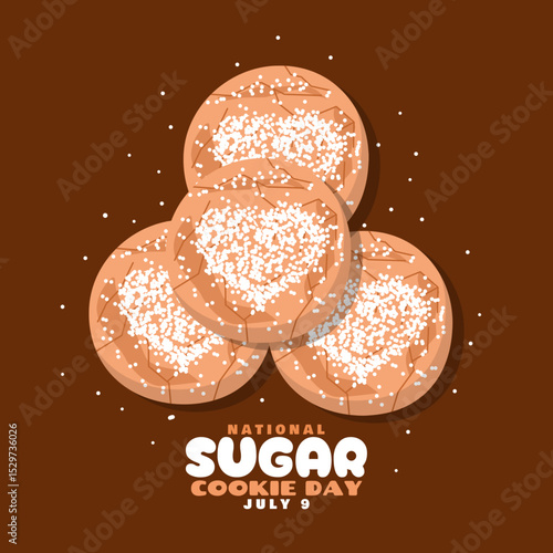 National Sugar Cookie Day to celebrate on July 9th. Four cookies with sugar topping in the shape of a heart on dark brown background. Food event banner.
