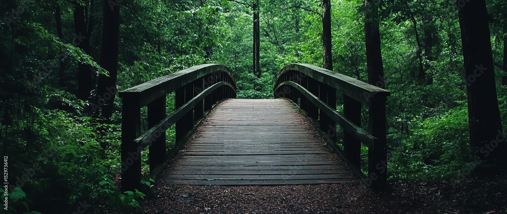 Obraz premium Wooden bridge with handcrafted railings crossing through dense forest path, nature trail surrounded by lush green trees and natural woodland scenery