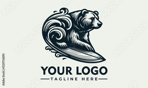 Detailed engraved illustration of a bear surfing on a wave with a sunburst and palm tree in a circular frame. Summer adventure concept