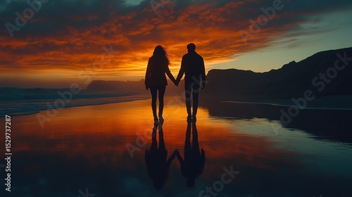 Fototapeta Naklejka Na Ścianę i Meble -  Silhouettes of couple walking on beach at sunset