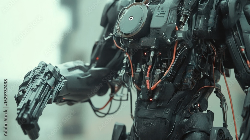 Fototapeta premium Cyber ​​robot soldiers with cables and wires on their bodies, advanced weaponry installed, background wallpaper AI generated image