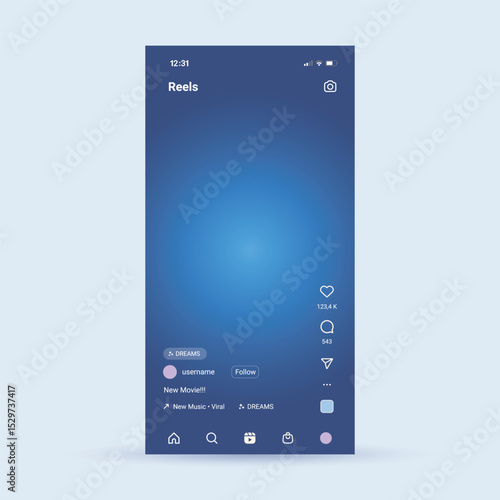Social media reels screen template mockup with modern flat design for app interface